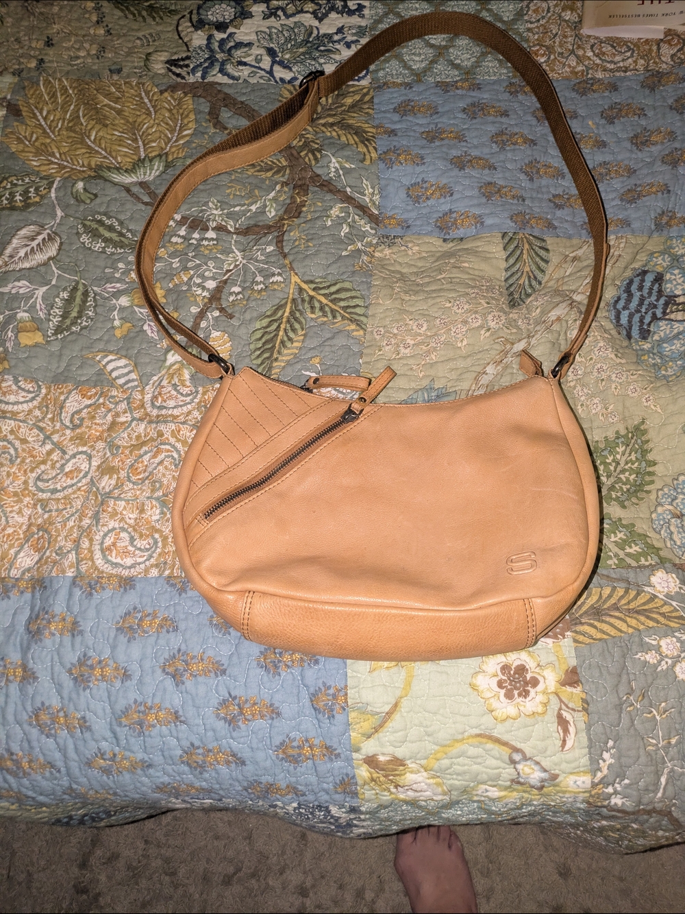 Spikes And Sparrow Tan Leather Crossbody Bag with Zip Accent